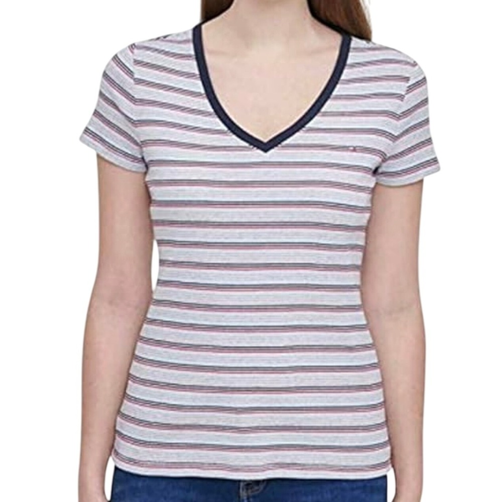 Tommy Hilfiger Striped V-Neck Tee Casual Everyday Top T-Shirt Size M 100% cotton